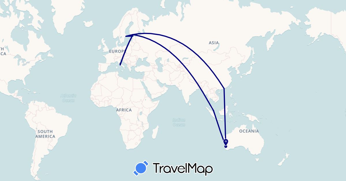 TravelMap itinerary: driving in Australia, China, Estonia, Finland, Italy, Sweden, Singapore (Asia, Europe, Oceania)